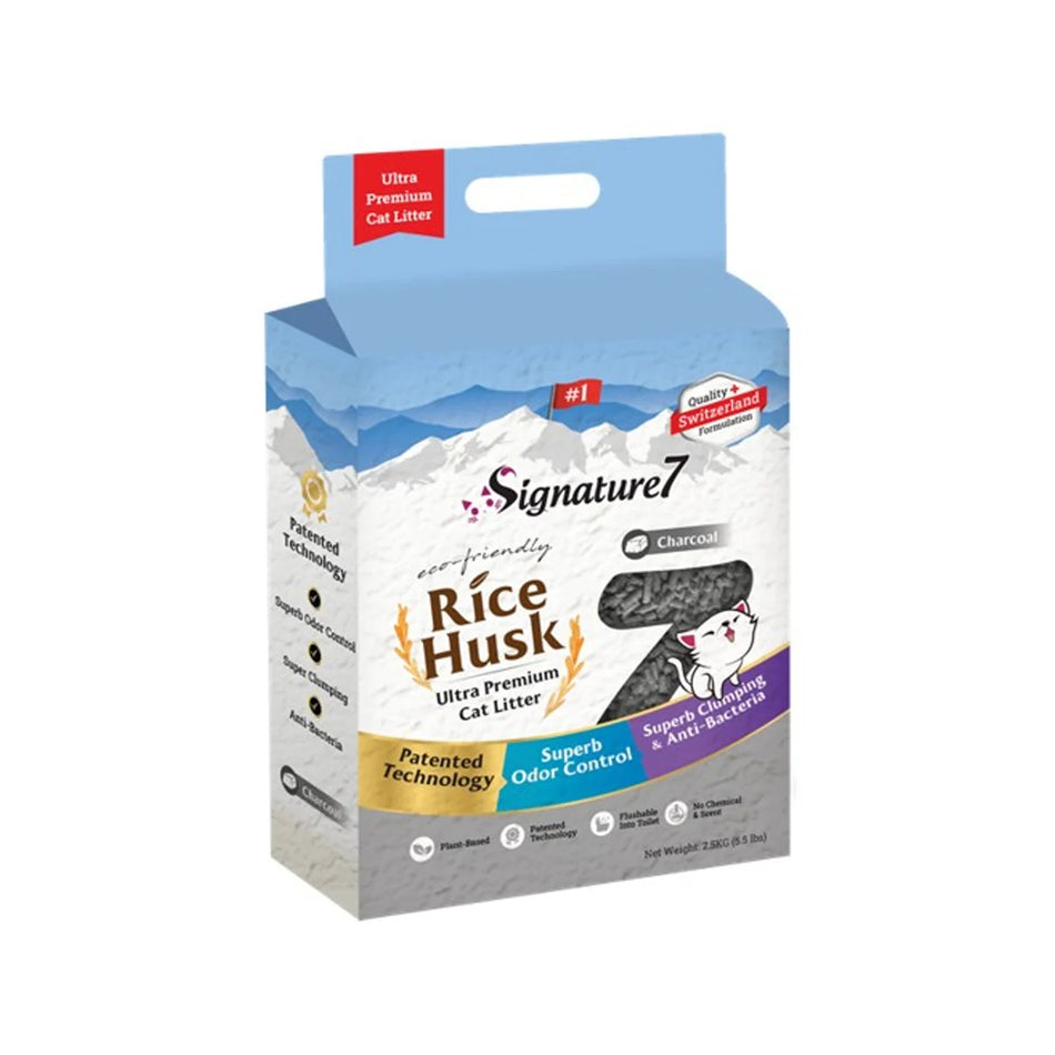 Signature7 Rice Husk asternut igienic pentru pisici, Activ Carbon, 7 L, 2.5 kg