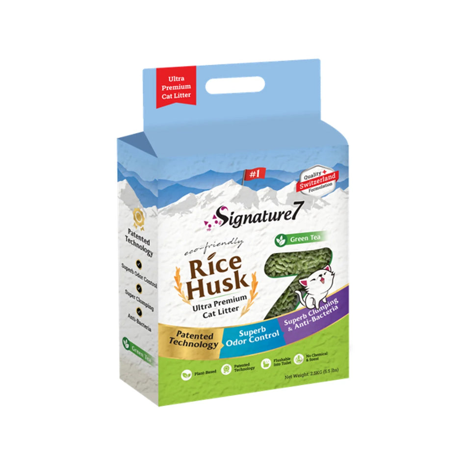 Signature7 Rice Husk asternut igienic pentru pisici, Green Tea, 7 L, 2.5 kg